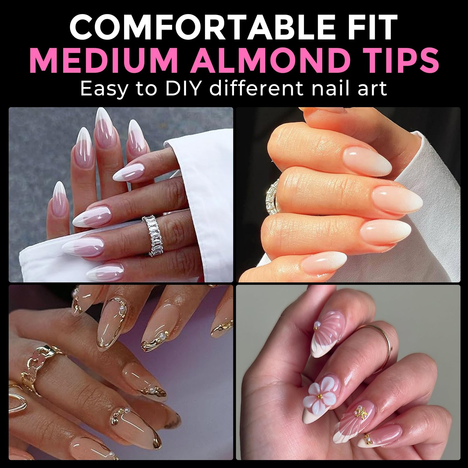 UNA GELLA Almond Nail Tips 216pcs Medium 216 Piece Assortment, Clear