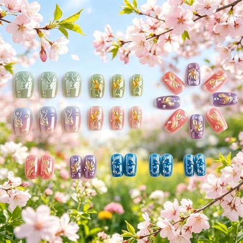 Press on Nails with Embossed Koi Fish Design Glossy Multicolor Fake 3D Goldfish