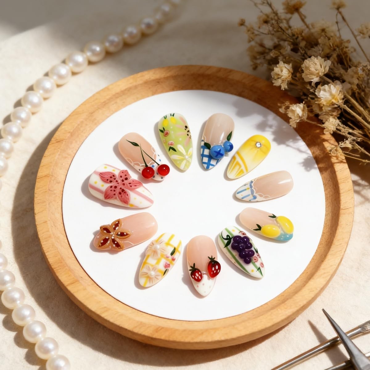 30Pcs Fruit Press on Nails Long Almond Fake Nails 3D Flower Strip with Rhines…