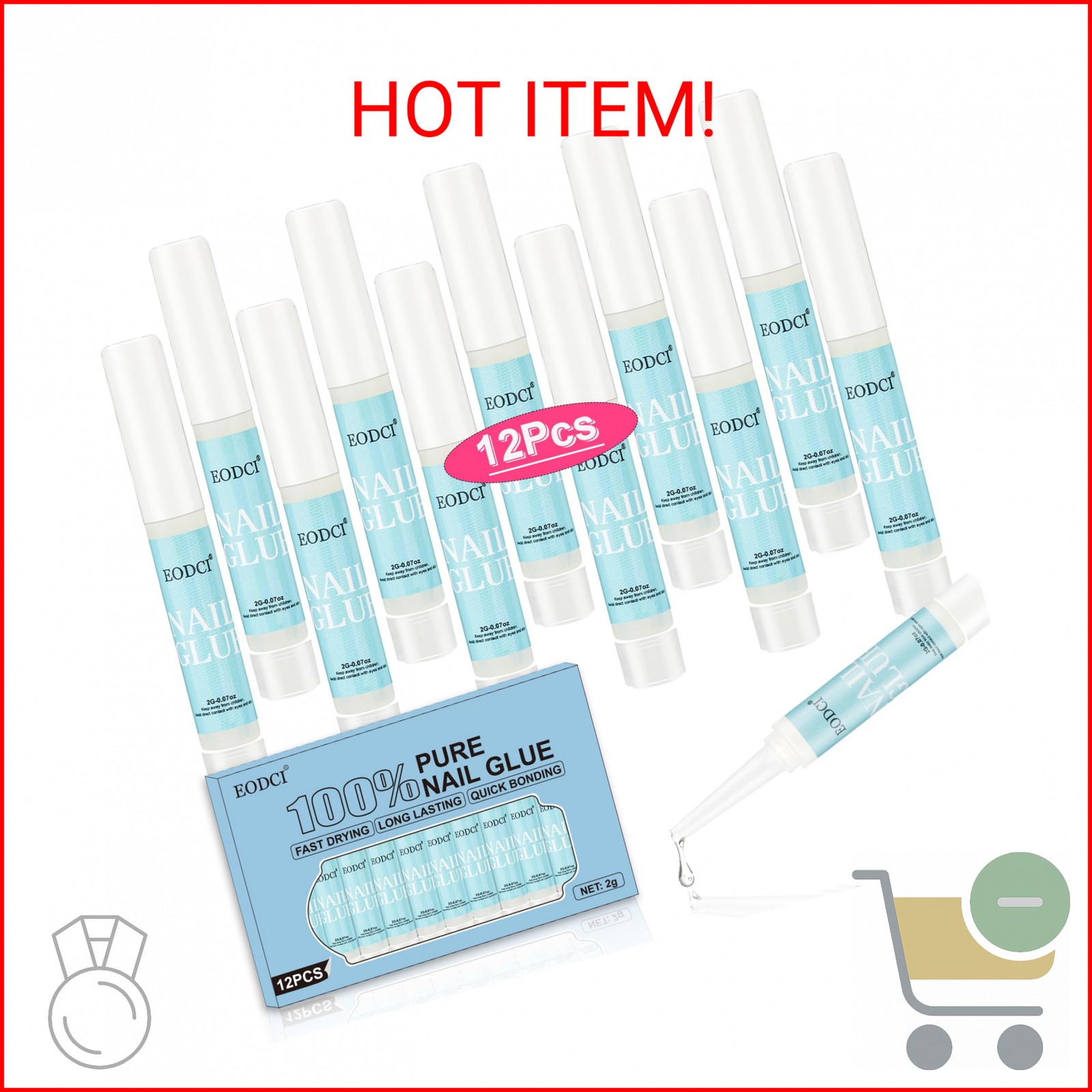 EODCI 12pcs Nail Glue Super Strong for Acrylic Nails Press on Nails Professional