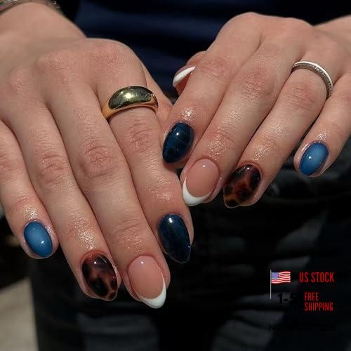 Oval Press on Nails Short Fall Fake Nails Blue Ombre, Brown Amber 92-04Blue
