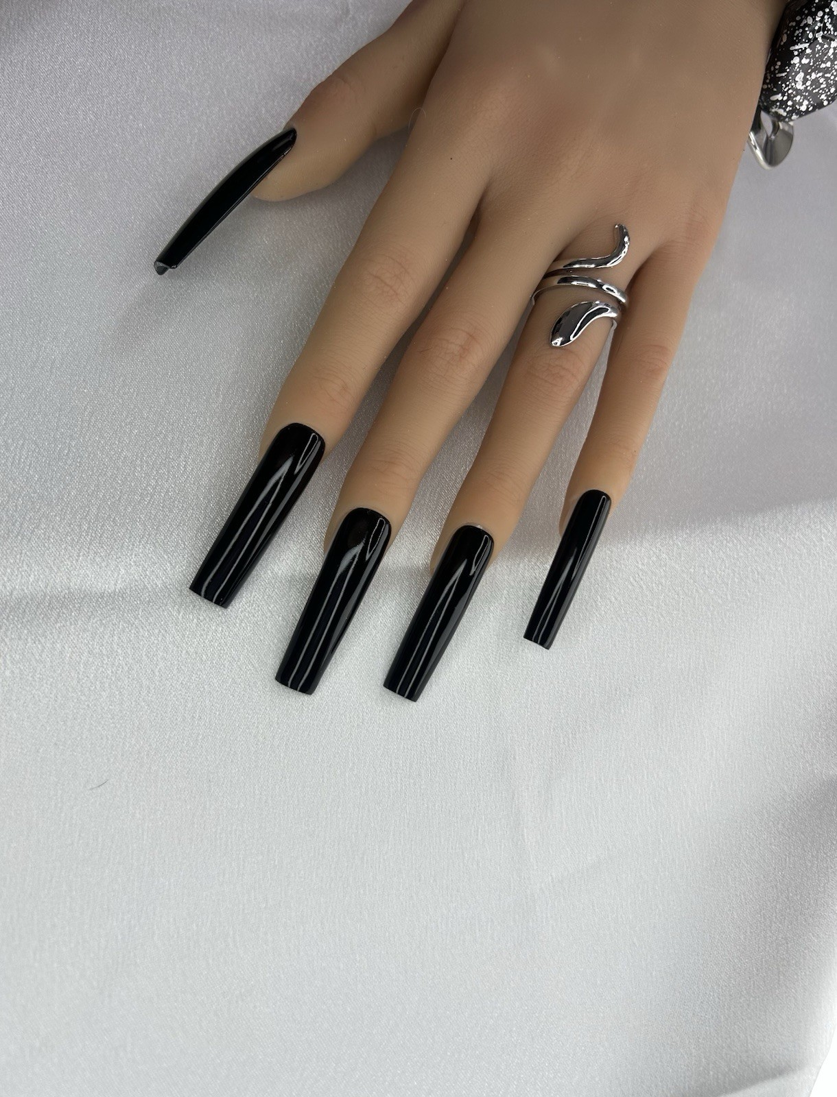 Black Glossy Press On Nails Long square Full Cover Reusable Fake Nails