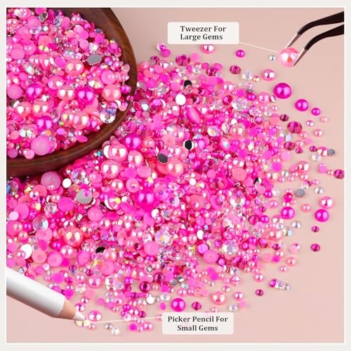 9000PCS Flatback Pearls and Rhinestones for Crafting Mixed Size 3 Dark Pink