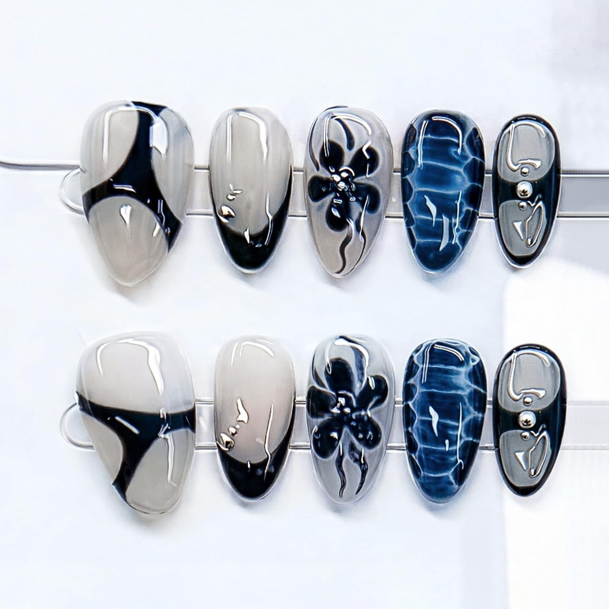 30Pcs Summer Colorful Press on Nails Short Almond Fake Nails with 3D Cartoon Eye