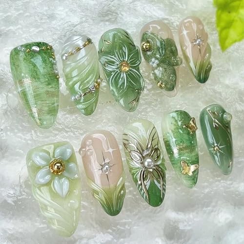 30pcs Green Press on Nails Medium Almond Fake Nails With 3D Flower Handmade-1