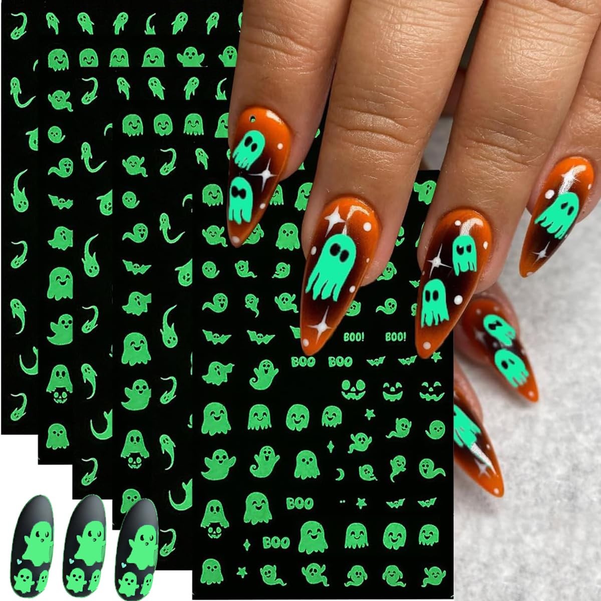 6pcs Halloween Nail Stickers Light in The Dark Cute Ghost Nail Decals Luminou…