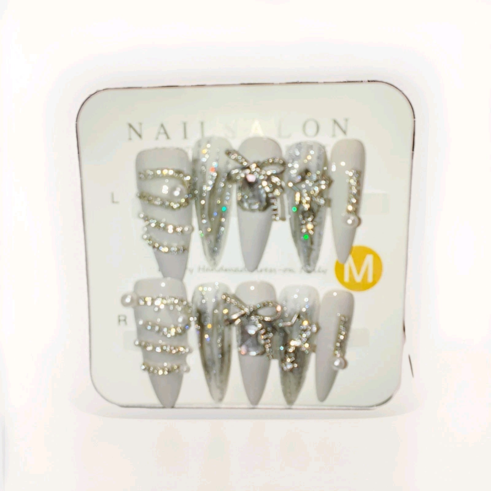 Silver Gray Glitter 3D Medium Stiletto Press-On Nails Full Cover