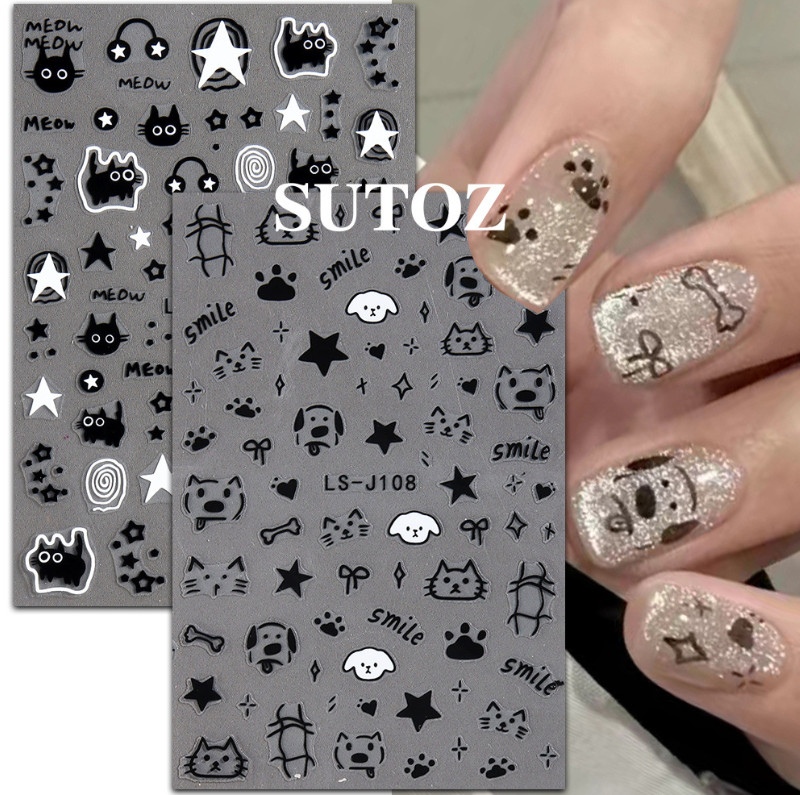 2Pcs Black White Cartoon Cat Dog Star French Nail Stickers Decoration J107 NS52