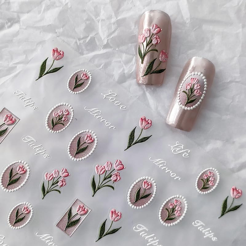 Flower Nail Stickers 5D Embossed Nail Art Stickers Decals Self-Adhesive Pink Tul