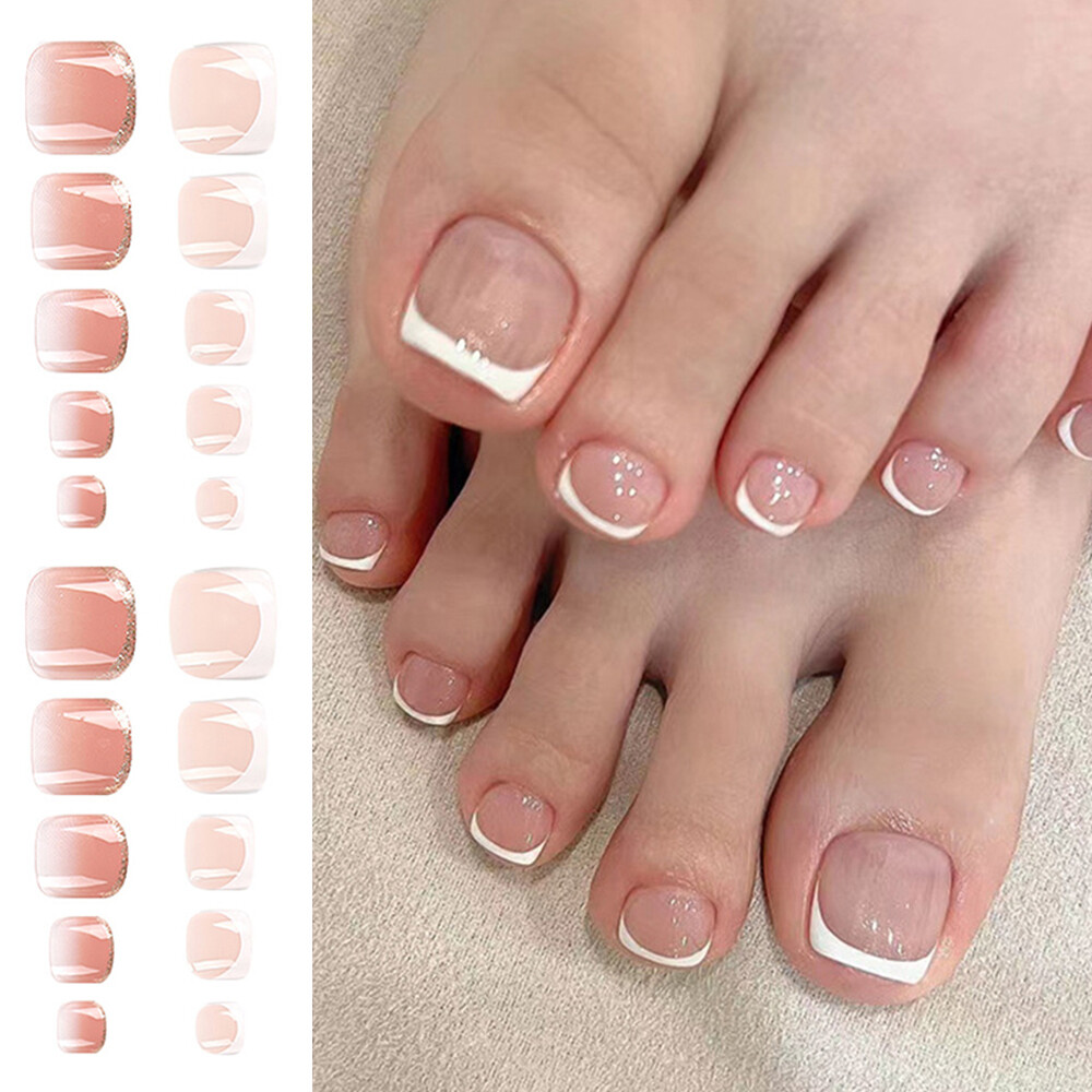 24x False Toenails French Manicure Fake Press On Full Cover Toe Nail With 1 Glue