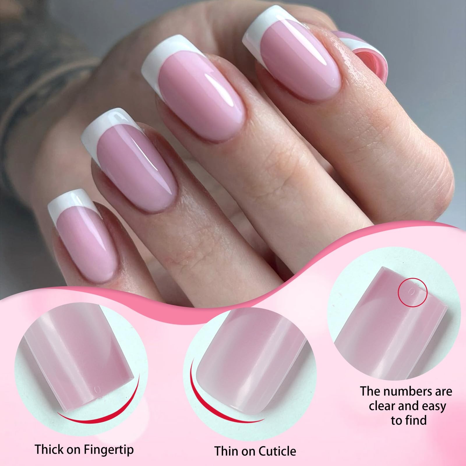 216pc White French Tips Press on Nails Medium Fake Nails Square, Pink Nude Me…
