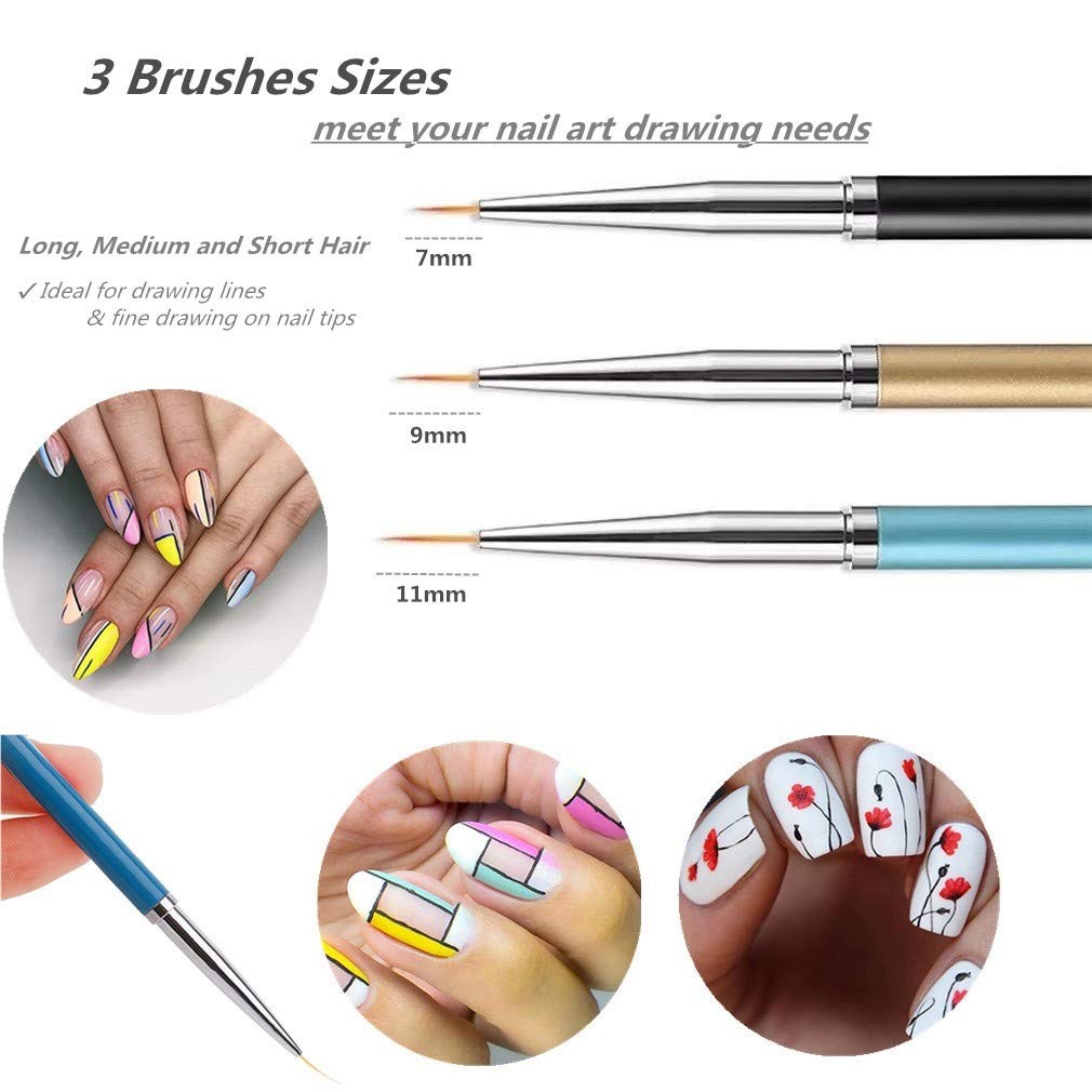 3PCS Nail Art Liner Brushes, UV Gel Painting Acrylic Nail Design Nylon Brush,