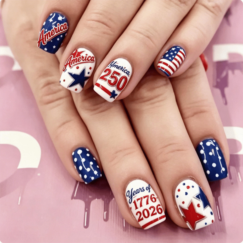 96Pcs Mixed Shape Nails, USA 250th Anniv, Flag Firework & Letter Print