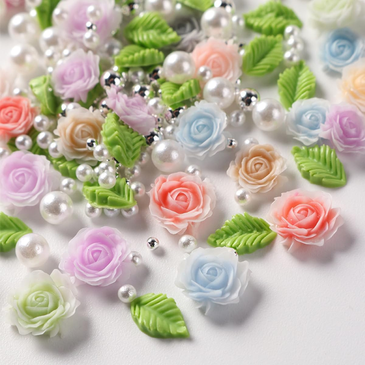 100Pcs Spring Resin Rose Nail Charms with Pearls Leaves 3D Floral Nail Art Charm