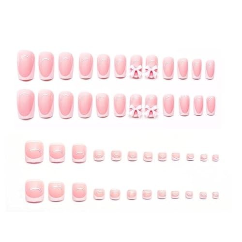 48Pcs White French Tip Press on Nails with Bow 1 Fl Oz (Pack of 48) Style-23