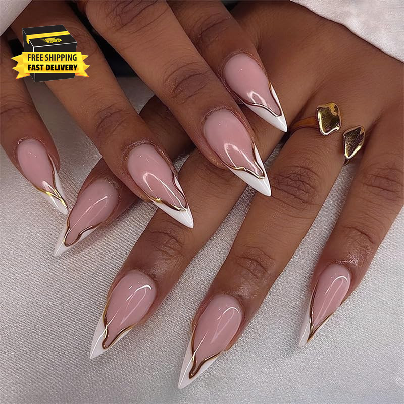 White French Tip Press on Nails Short Almond Fake Nails with Chrome 3D Gold Wave