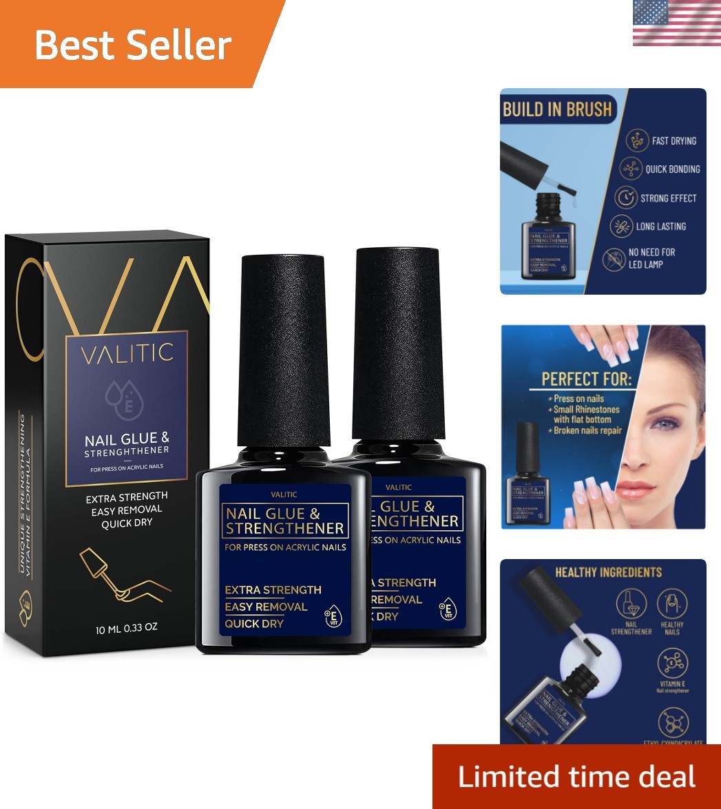 Nail Glue & Strengthener – 2 Pack Quick Dry for Acrylic & Press-On Nails