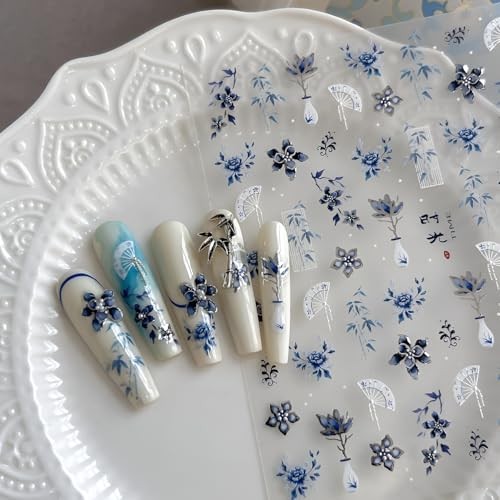 Flower Nail Stickers White Blue Nail Art Stickers 5D Embossed Blue Flower 2