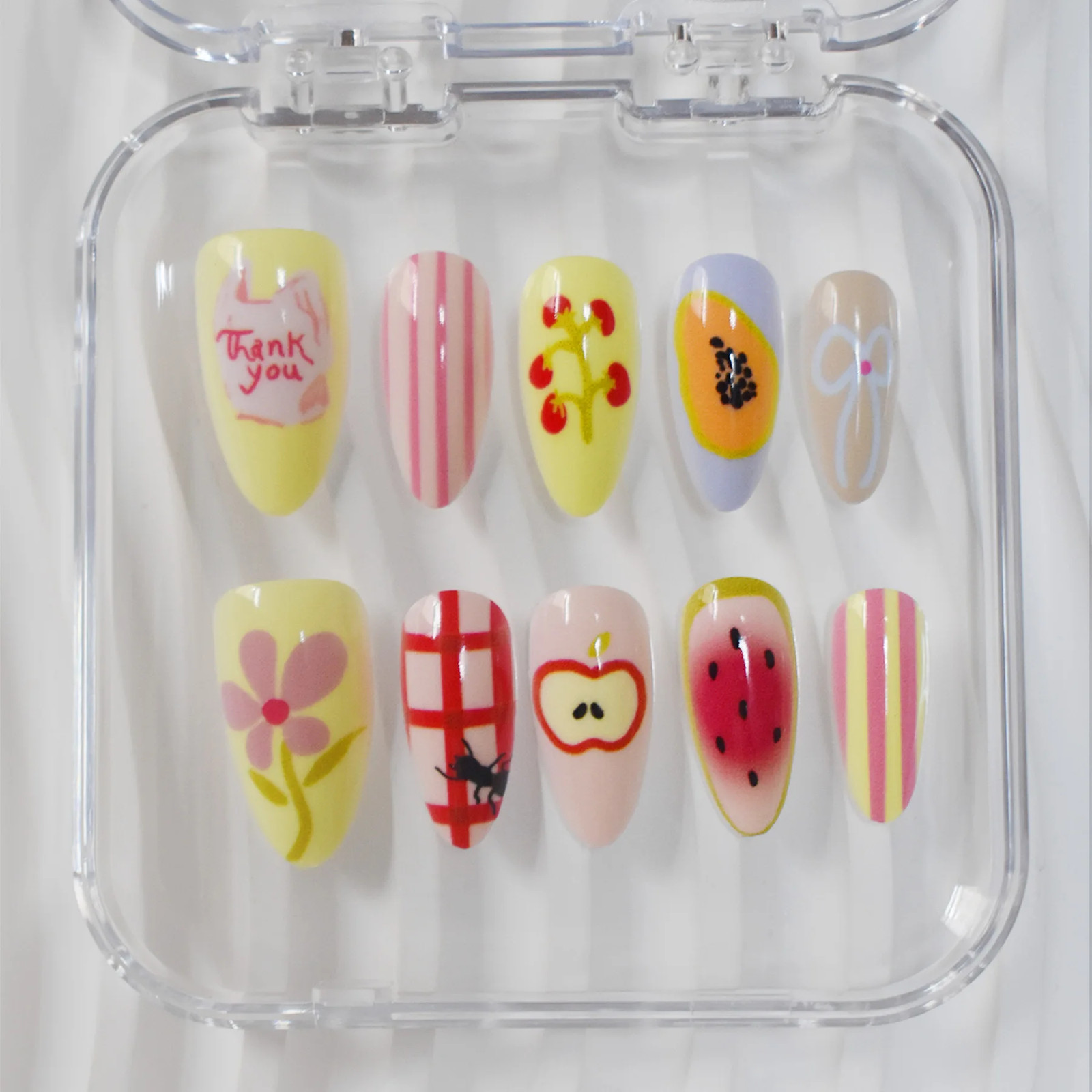 10pcs Cute Flower Fruit Pink Almond Press On False Nails