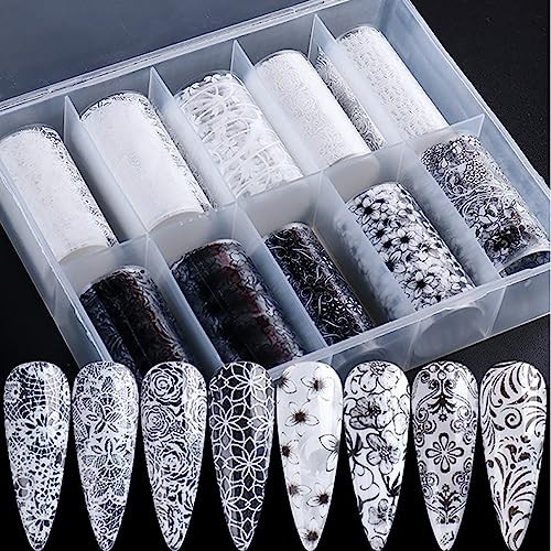 10 Rolls Lace Nail Art Foil Transfer Black White Flower Foil Transfers Decals