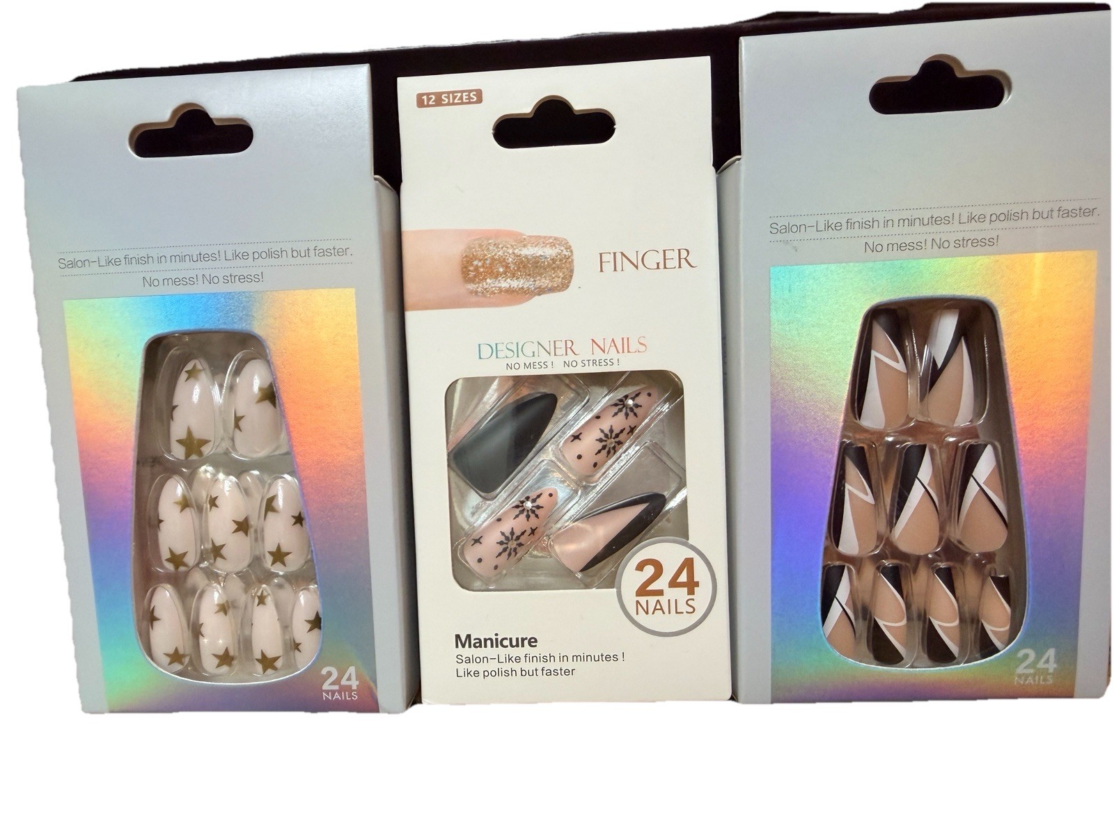 LOT OF 3 Fake Nails Set Black White Stars Embellished Pink 1A
