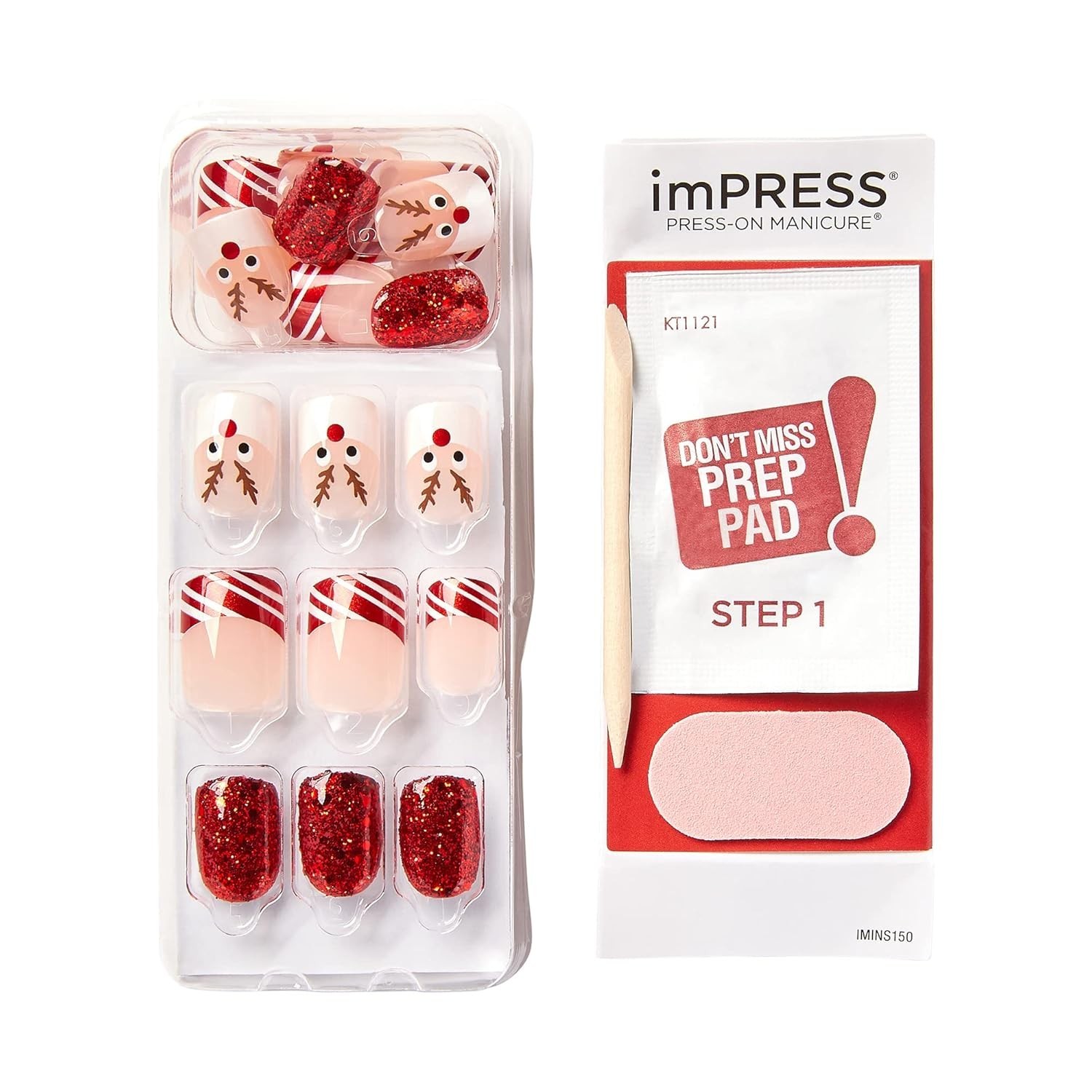 imPRESS Press On Nails Holiday Reindeer Candy Cane Red Short No Glue Manicure