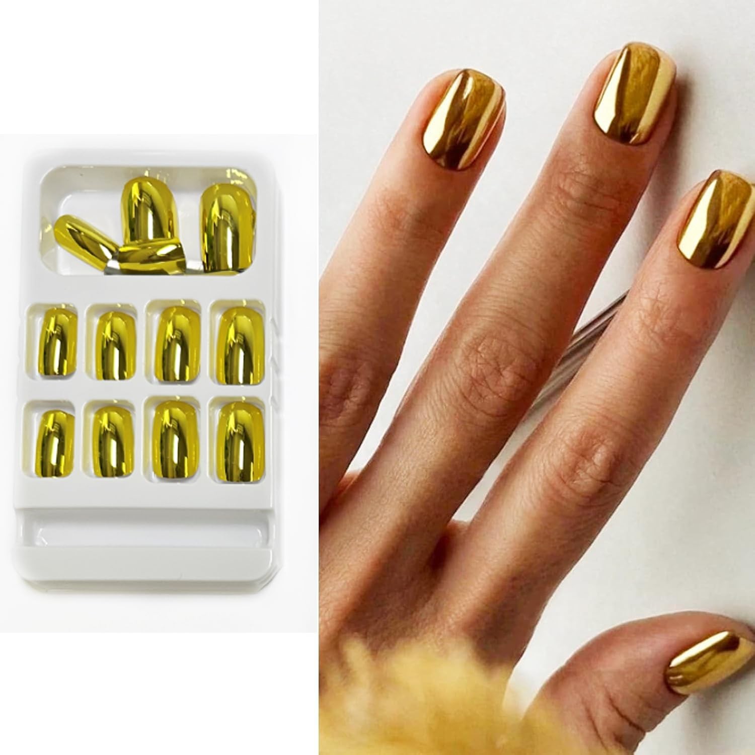 Metallic Gold Press On Nails Short Square Silver Fake Nails Acrylic Nail Tips…