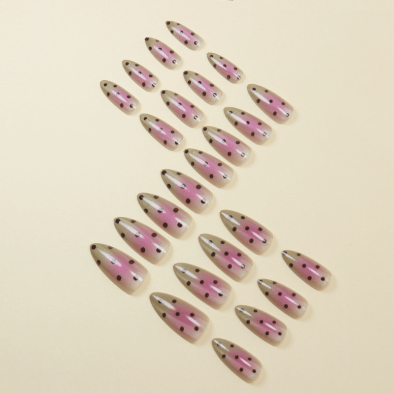 48 Pcs Pink Green Dot Gradient Almond Press on Nails, Bright Summer Fake Nails