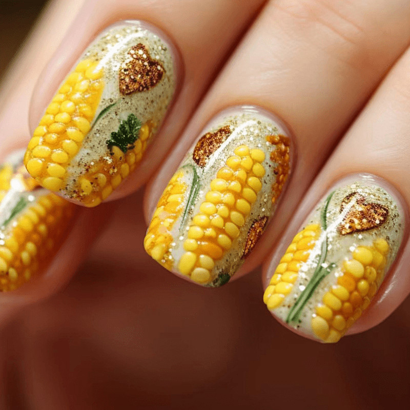 48P Short Oval Press on Nails, 3D Corn Hand‑Painted Heart Fall Trendy Fake Nails