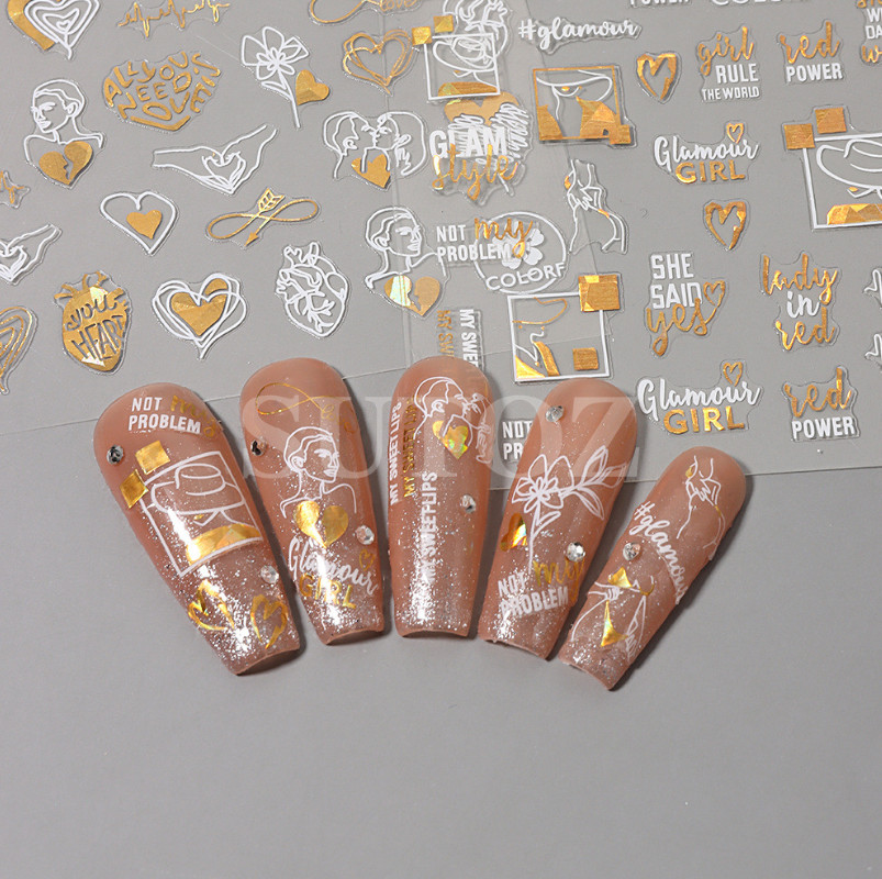 3D Nail Art Sticker Gold White Heart Rose Flower Kiss Lace Valentine Bridal NH11