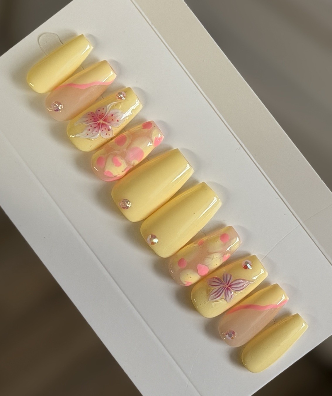 ✨ CUSTOM Press On Nails YELLOW PINK FLOWER BLING Flower 10p SET W Kit