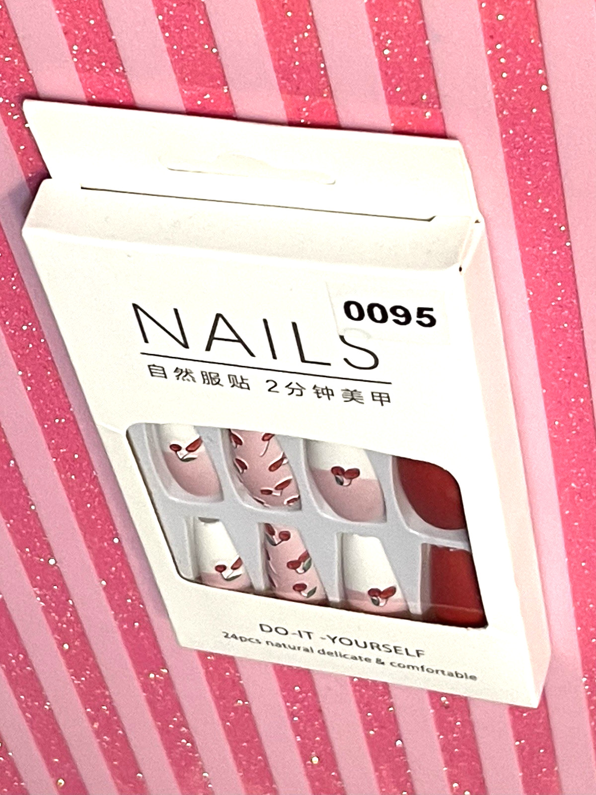 Nails Do It Yourself NUDE with WHITE FRENCH and CHERRY DETAILS Press On Manicure