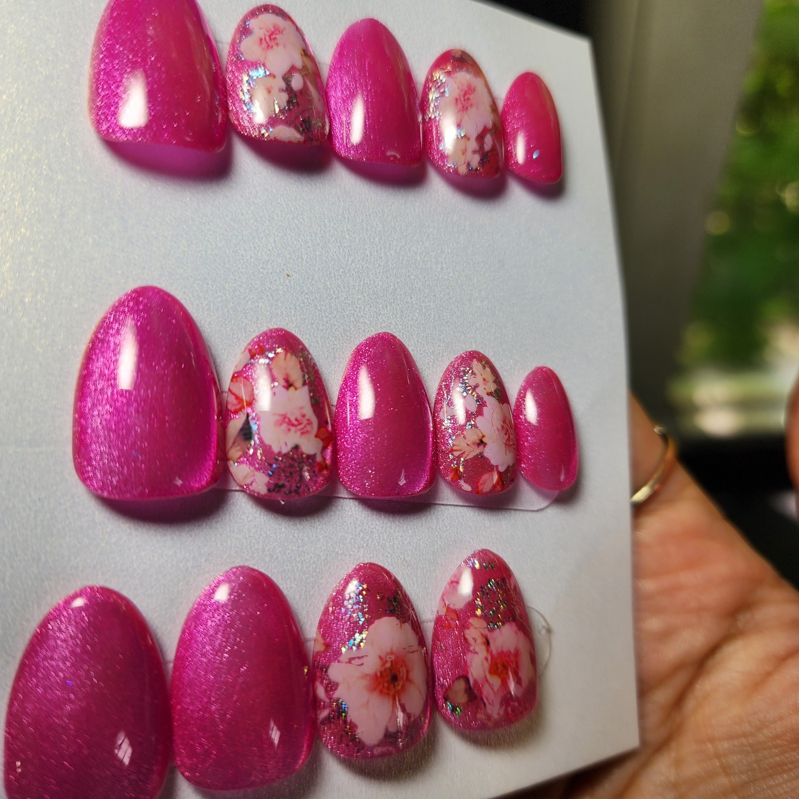 Handmade Reusable Extra Short Almond Pink Cateye Sakura Press On Nails