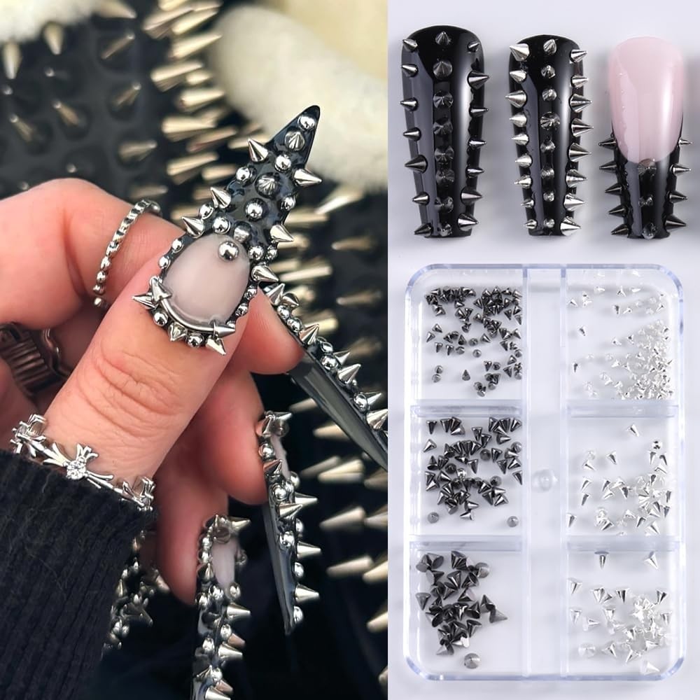 3D Mini Metal Punk Nail Art Studs Mixed Sizes Silver Black Cone Spike Metalli…