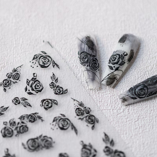 5D Black Rose Nail Stickers, Flower Nail Stickers, Embossed Nail Decal Art (269)