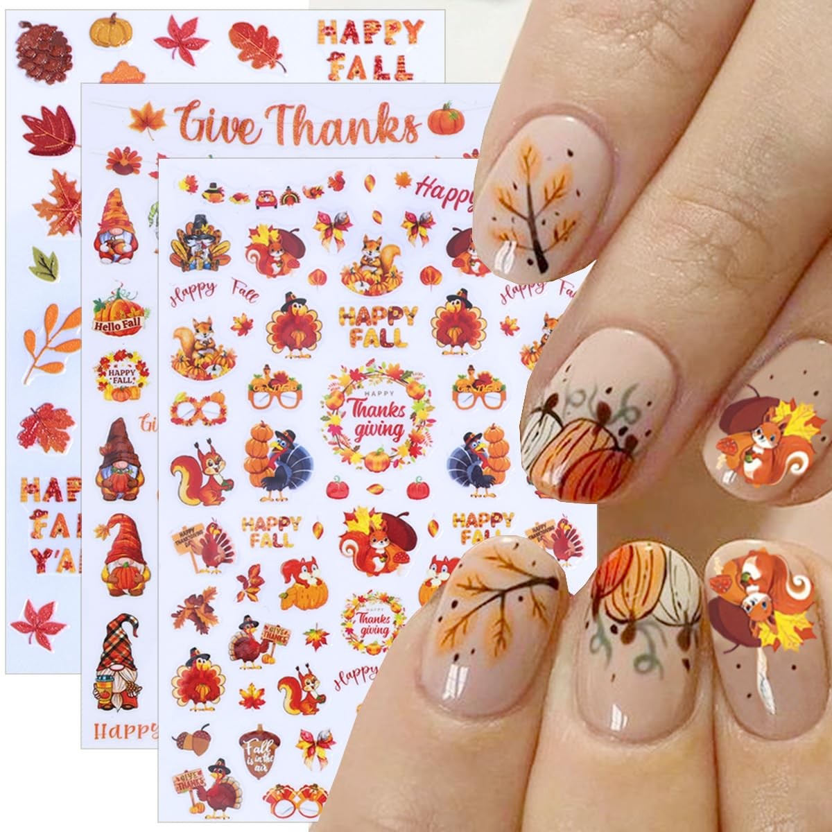 6 Sheet Thanksgiving Turkey Nail Stickers for Art 5D Embossed Orange