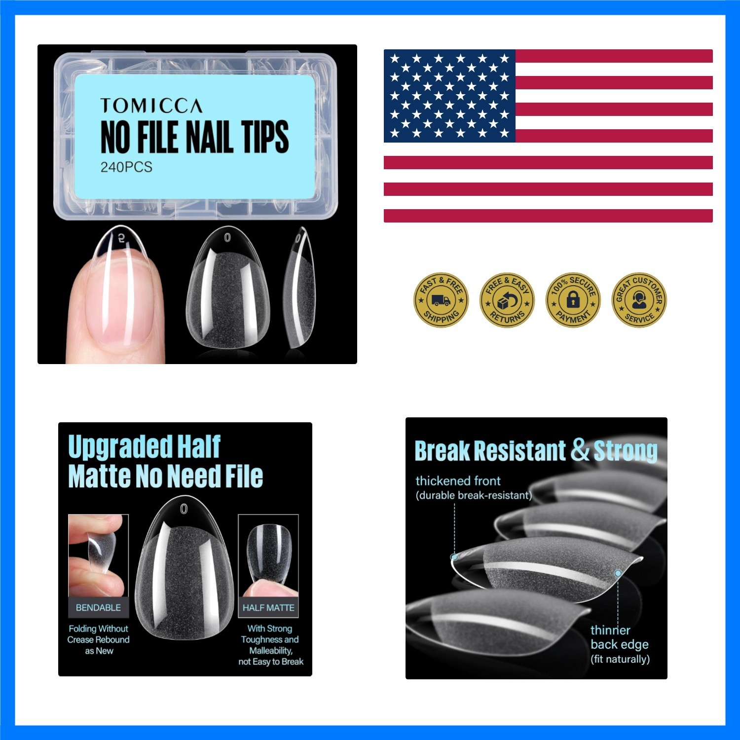 Short Almond Nail Tips Pre-Shaped Acrylic Nail Clear Press on Nails | 240pcs …