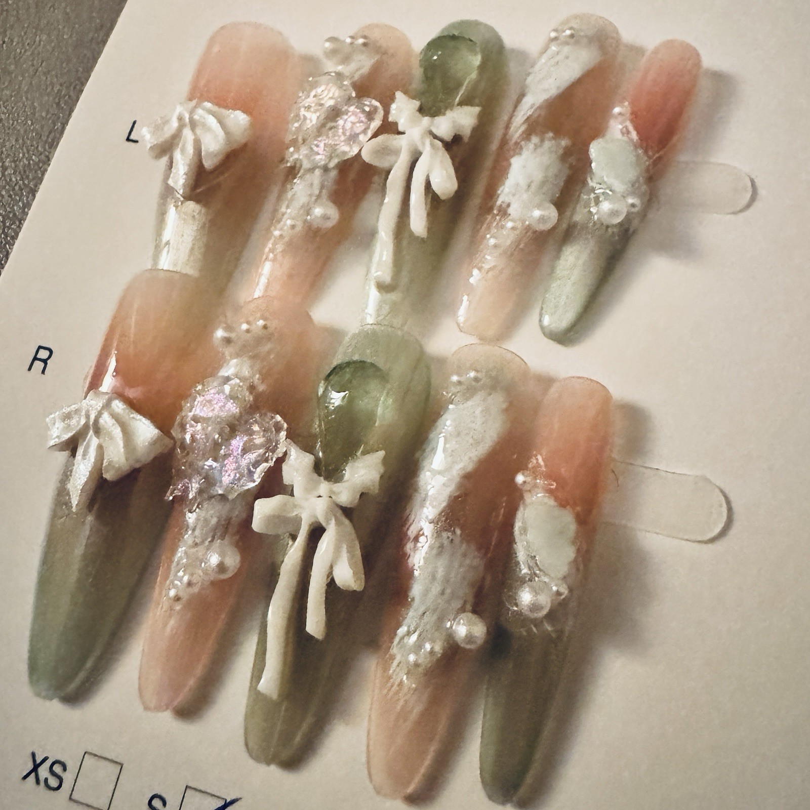 Press-On Nails Long Stiletto Green/Pink/White 3D Bow Theme Full Cover Set