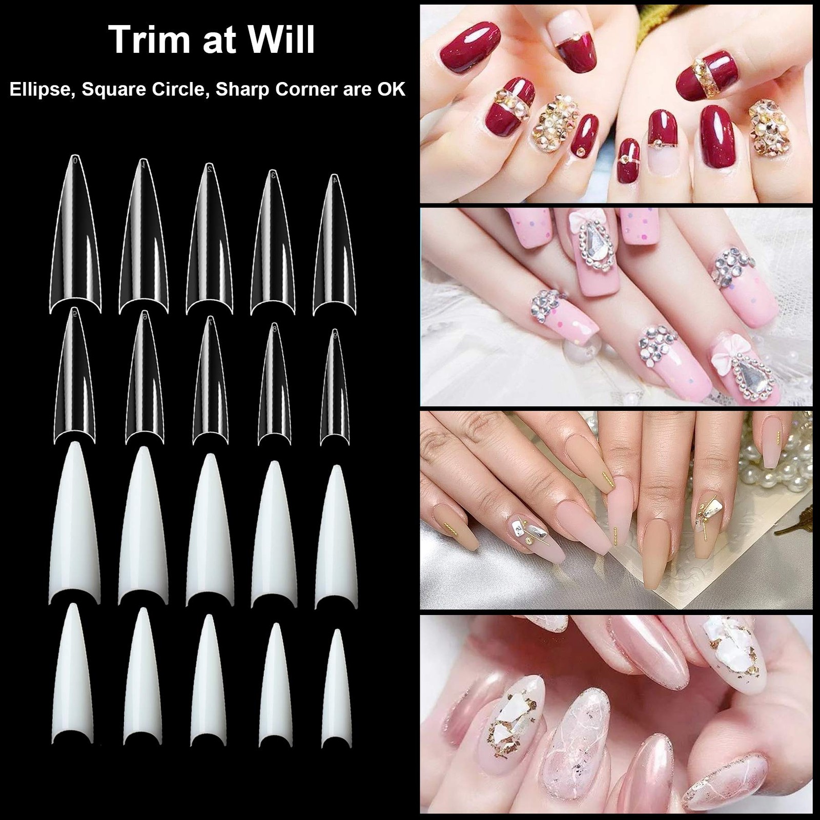 FEBSNOW 1000PCS Long Stiletto Nail Tips, Acrylic Flake Nails with
