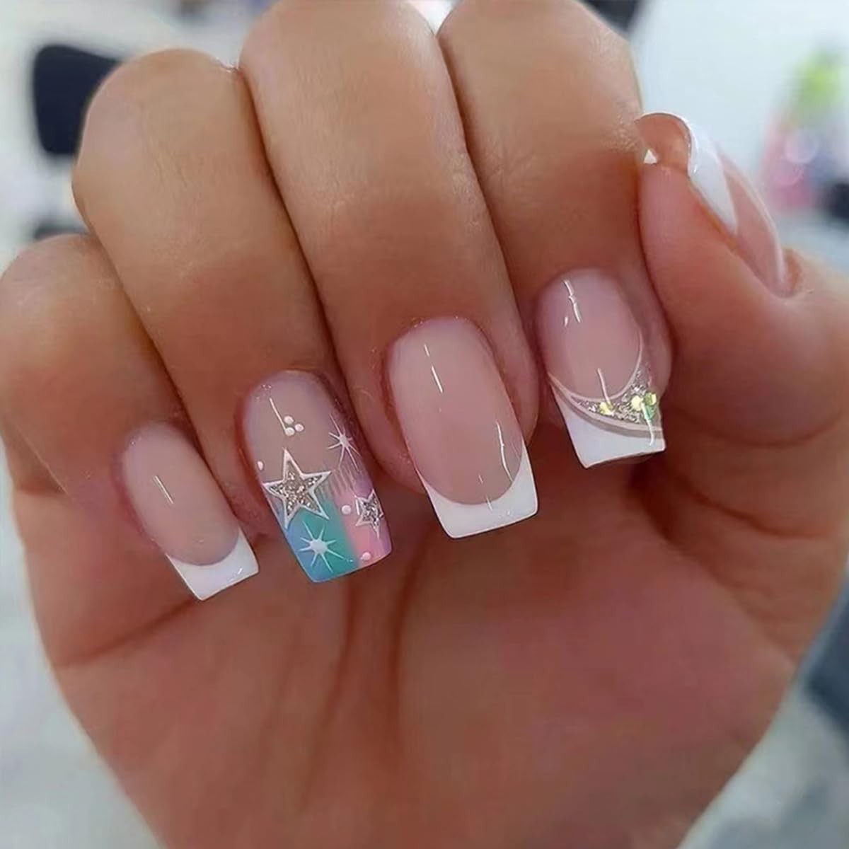 6 Packs 144 Pcs Press on Nails Medium Square Fake Nails Acrylic Shiny Glitter…