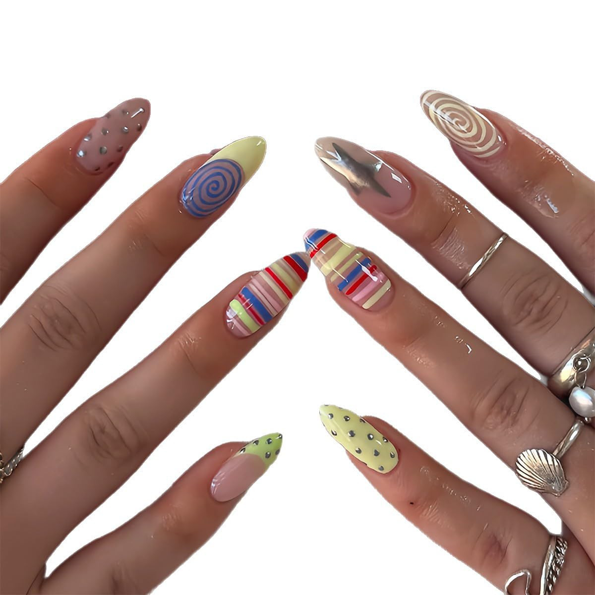 Almond Press on Nails Colorful Fake Nails Medium Summer Y2K False Nails with Str