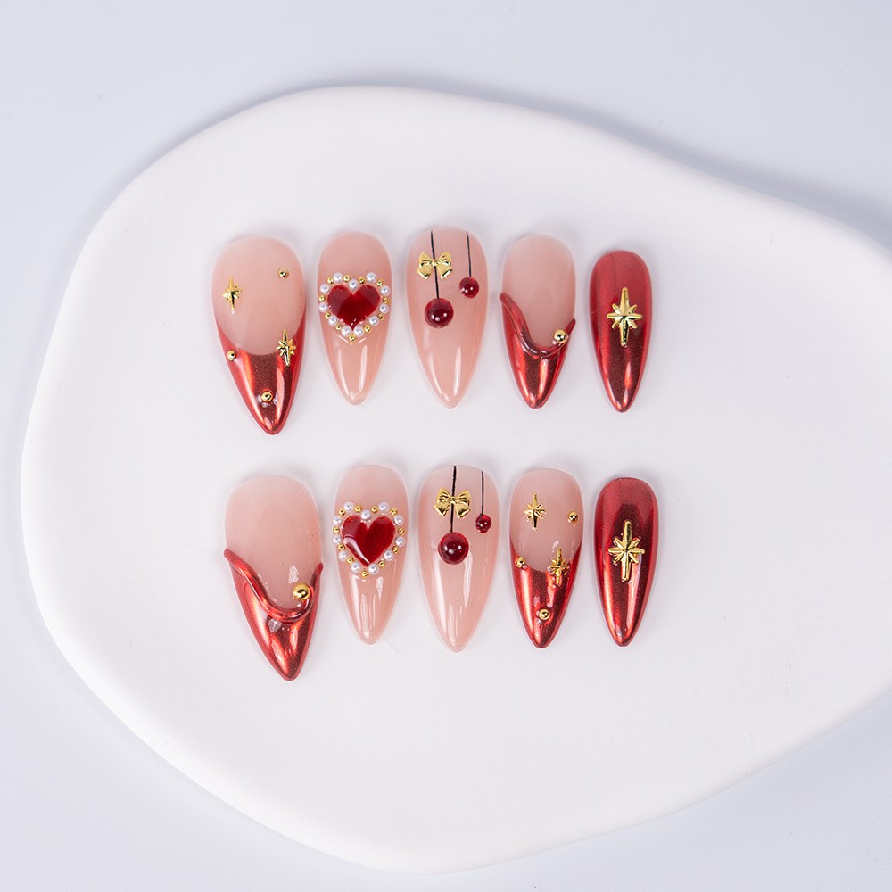 Handmade Stiletto Nails Red Pink Heart Star 3D Shiny Fake Nails for Valentine’s