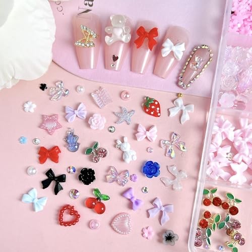 3D Flowers Nail Charms Y2K Kit, Metal Butterfly Cherry Colorful Bow Nail 01