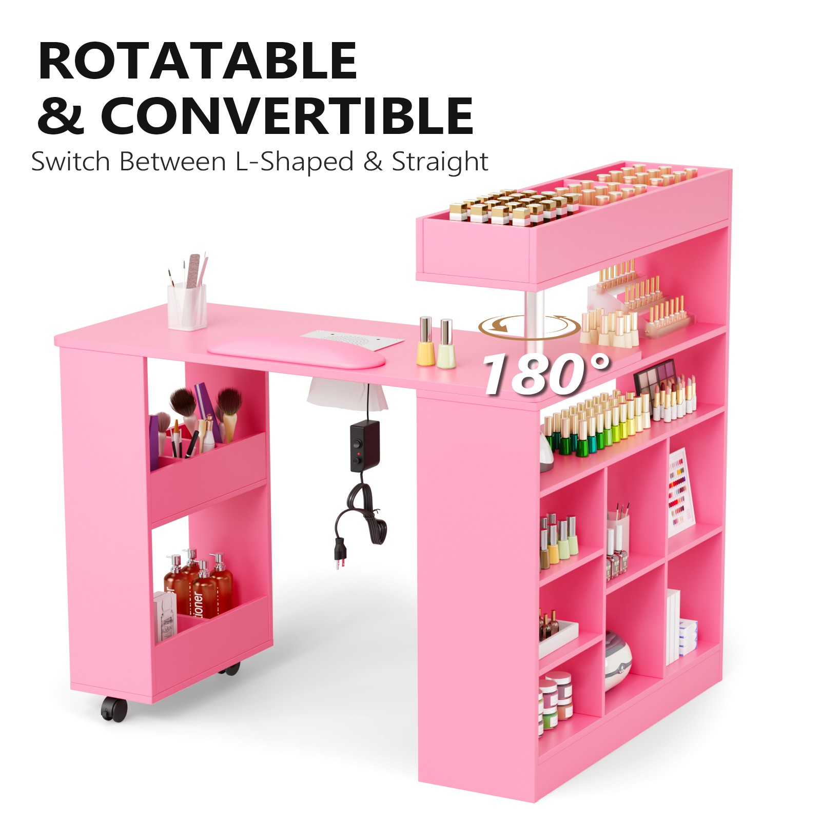 L Shaped Manicure Table with Wrist Rest & 180° Swivel Desktop and Dust Collector