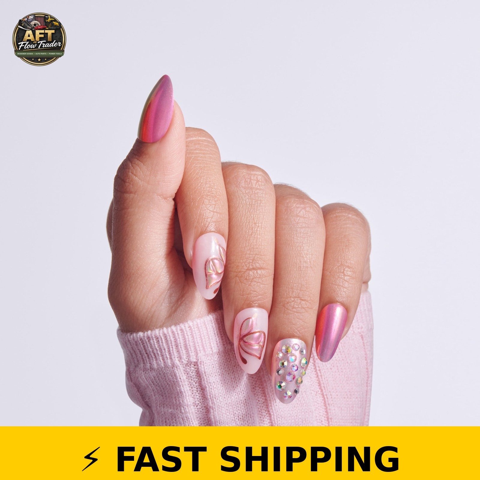 Kiss Press On Nails Almond Rose Knot Pink Medium 32 Count