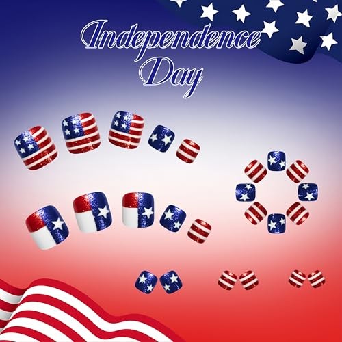 24Pcs 4th of July Press on Toenails American Flag Fake Five-Pointed Star