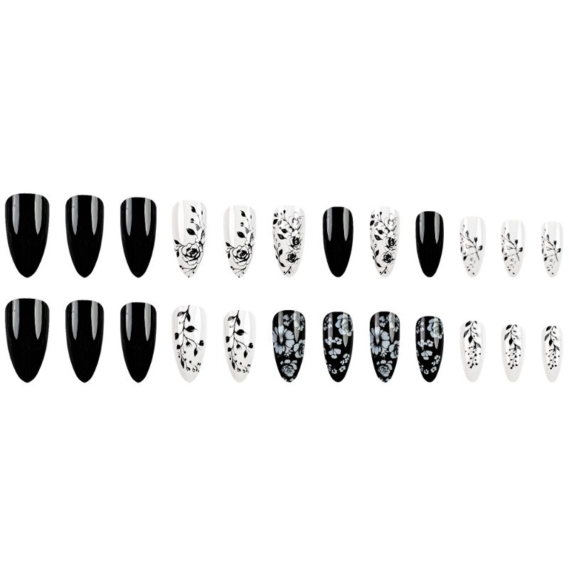 48pcs-Elegant Floral Press on Nails with Black Roses on White and Black Bases