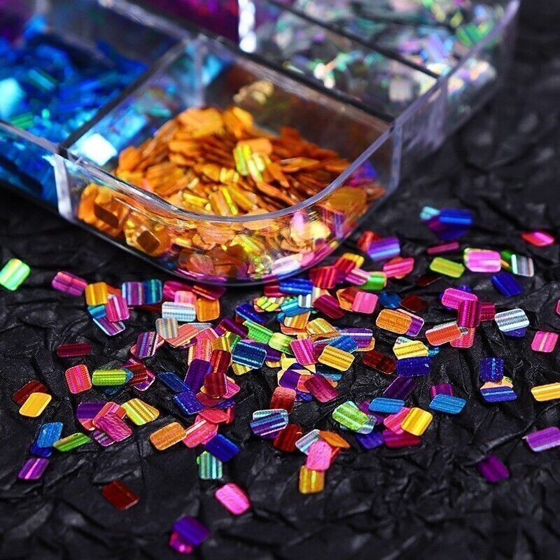 12 Grids Rectangle Nail sequins Glitter Flakes Slices False Nail Art Tips Decor