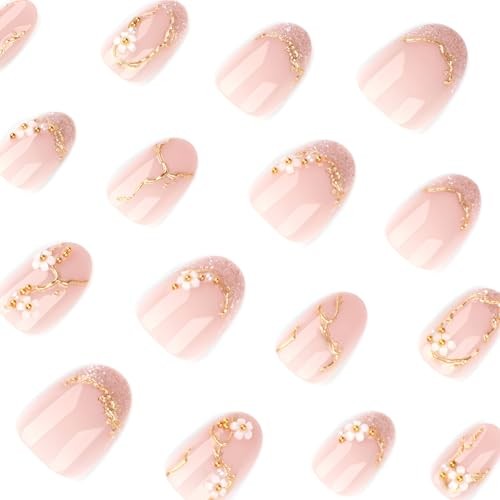 Flower Press on Nails Short Almond Fake Nails Glitter French Tip White Flower 1