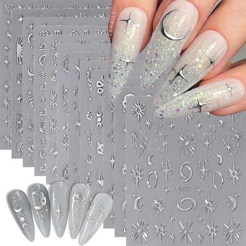 12 Sheets Bronzing Silver Nail Art Stickers, 3D Self-Adhesive Sun Moon Style12